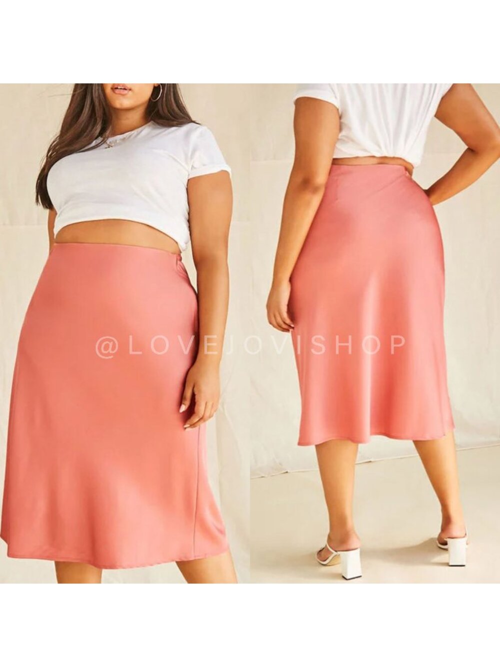 Satin Midi Slip Skirt in Coral Pink 2/3x